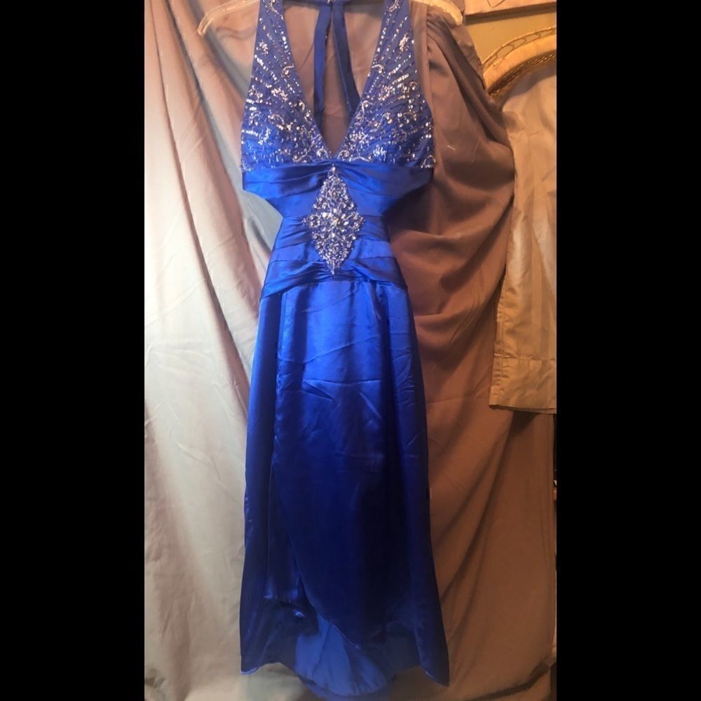 Precious formals blue halter side cut out backless dress w embellished beading.